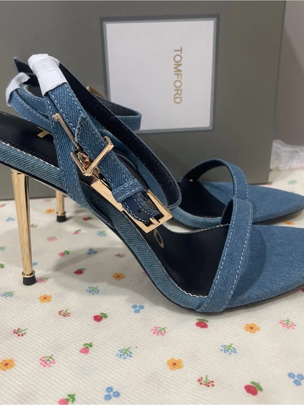 Tom Ford Denim Blue Pointed-Toe Ankle-Strap Heels with Gold Accents
